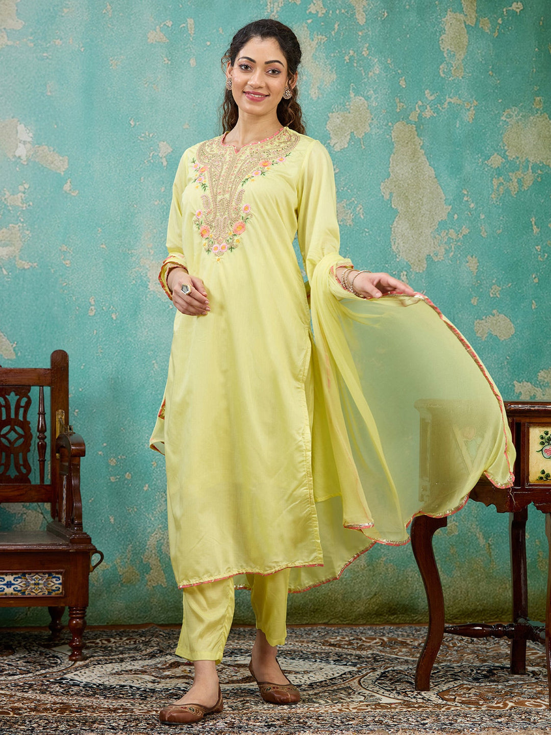Yellow Cording Chanderi Readymade Salwar Suit