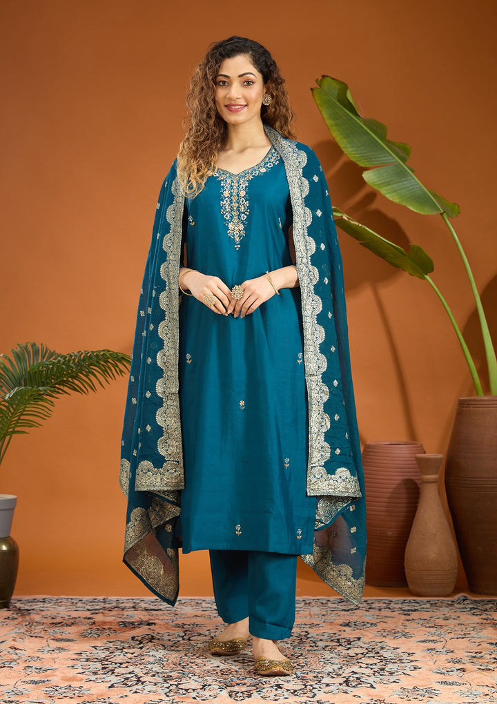 Peacock Blue Threadwork Chanderi Readymade Salwar Suit