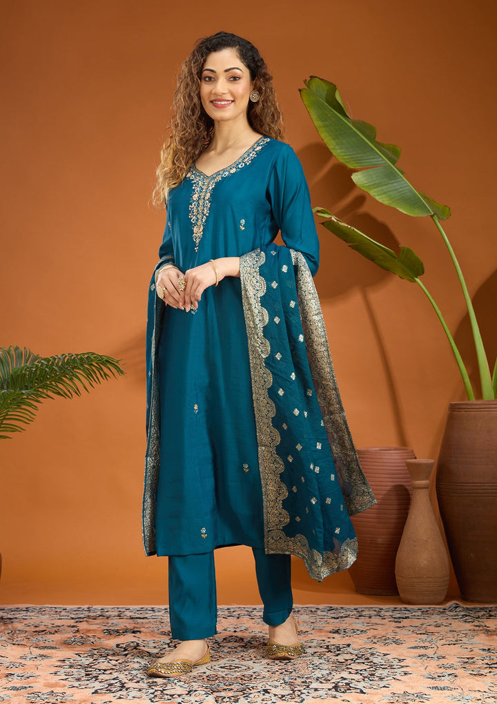 Peacock Blue Threadwork Chanderi Readymade Salwar Suit
