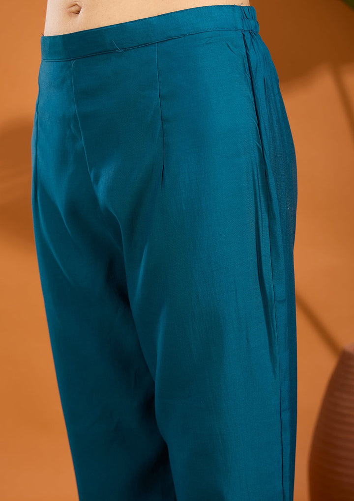 Peacock Blue Threadwork Chanderi Readymade Salwar Suit