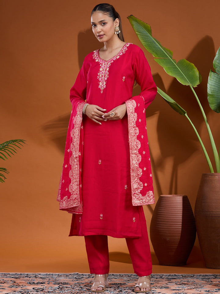 Rani Pink Threadwork Chanderi Readymade Salwar Suit