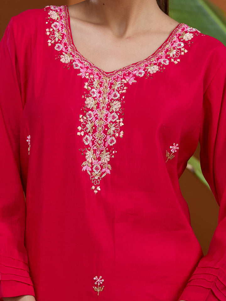 Rani Pink Threadwork Chanderi Readymade Salwar Suit