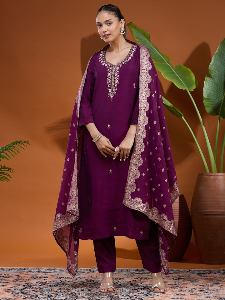 Wine Threadwork Chanderi Readymade Salwar Suit