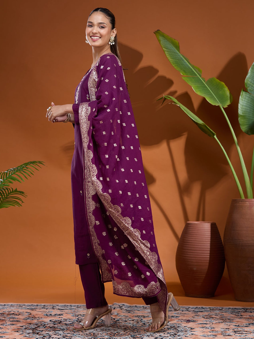 Wine Threadwork Chanderi Readymade Salwar Suit