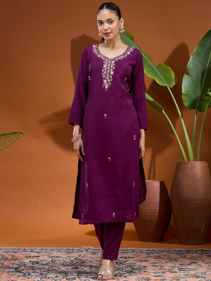 Wine Threadwork Chanderi Readymade Salwar Suit