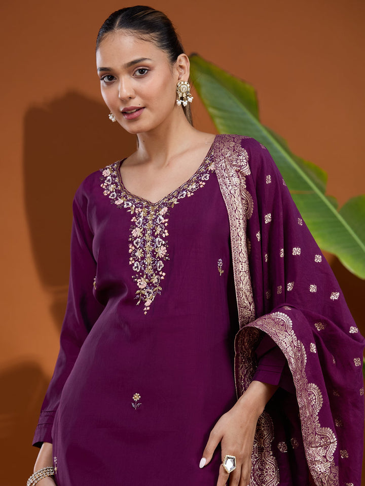 Wine Threadwork Chanderi Readymade Salwar Suit