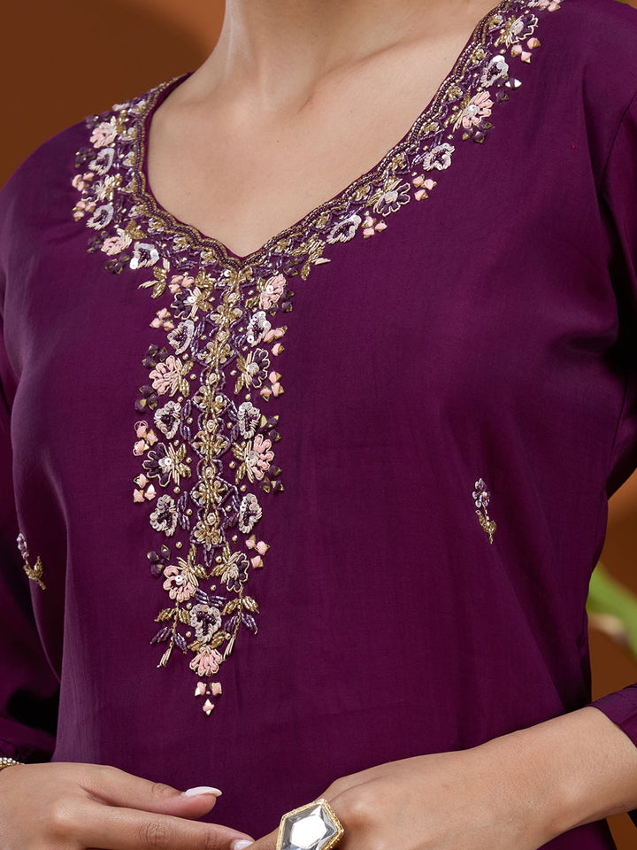 Wine Threadwork Chanderi Readymade Salwar Suit