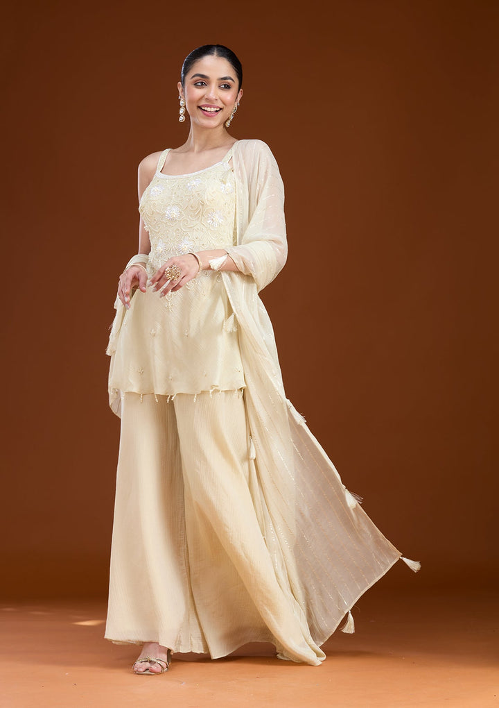 Cream Threadwork Tissue Readymade Salwar Suit