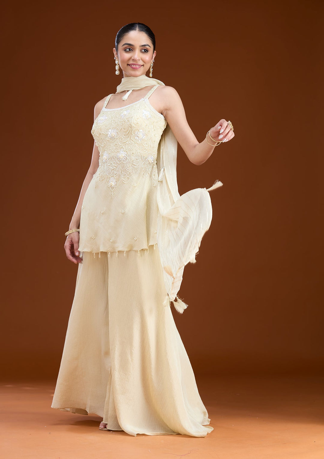 Cream Threadwork Tissue Readymade Salwar Suit