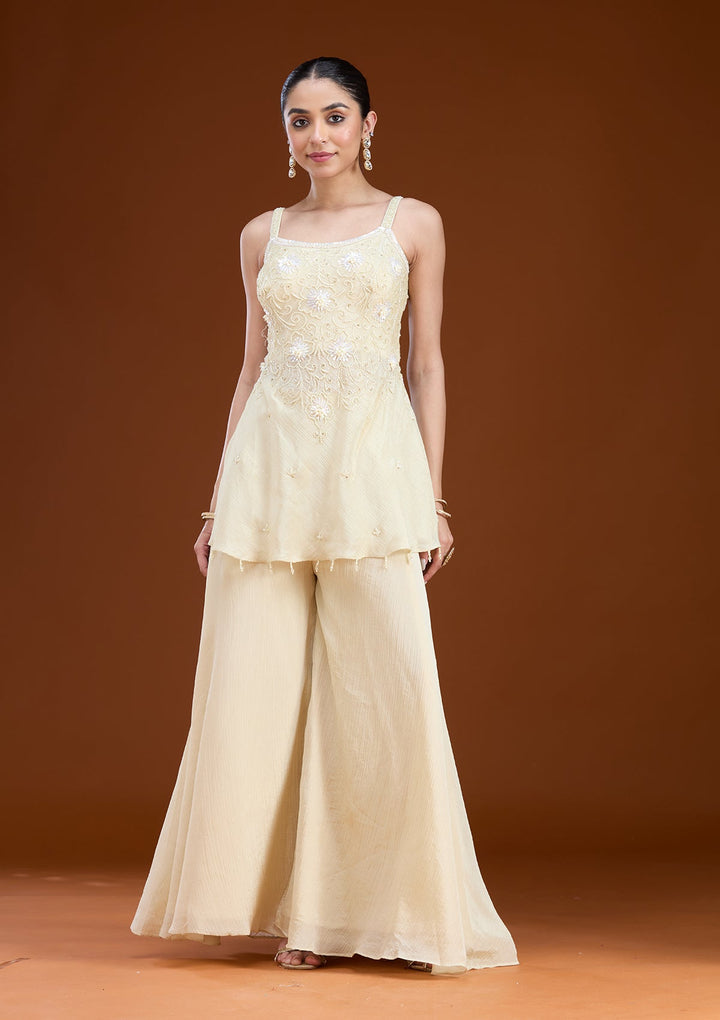 Cream Threadwork Tissue Readymade Salwar Suit