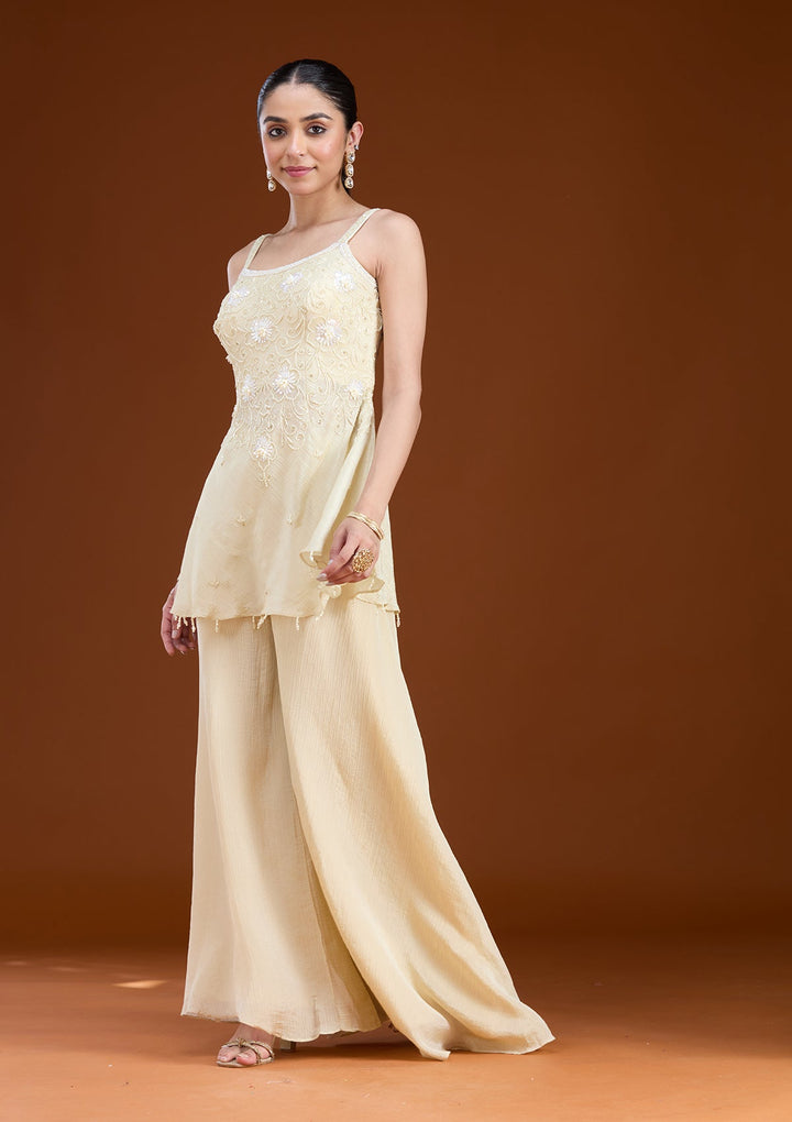 Cream Threadwork Tissue Readymade Salwar Suit