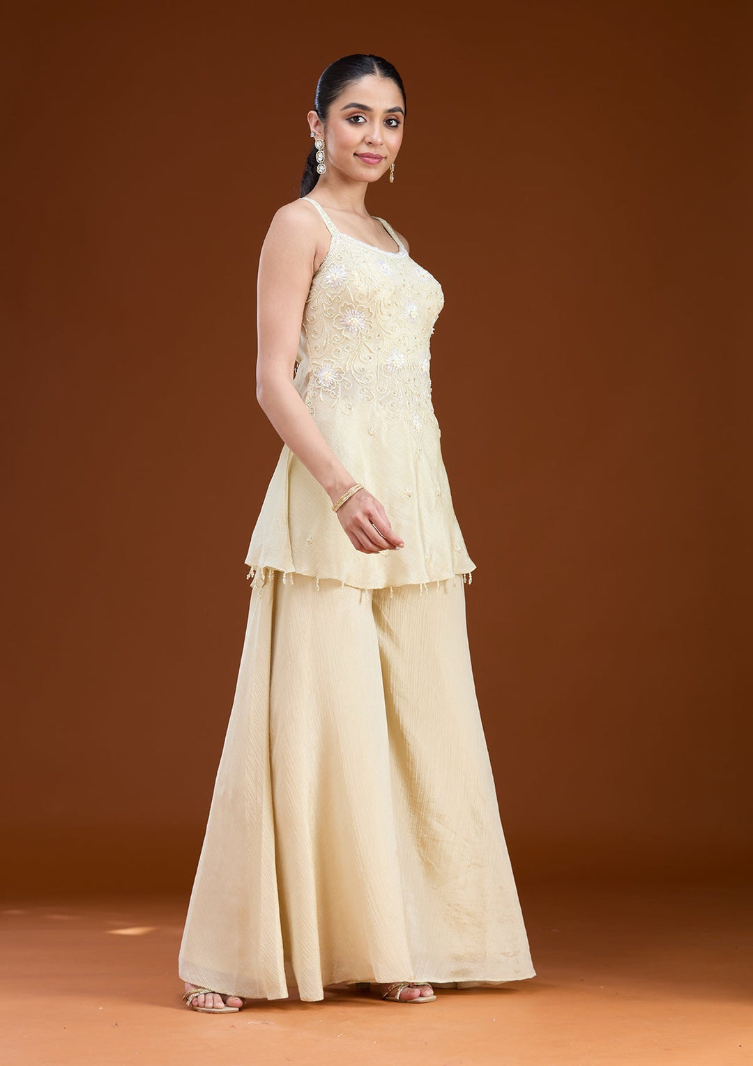 Cream Threadwork Tissue Readymade Salwar Suit