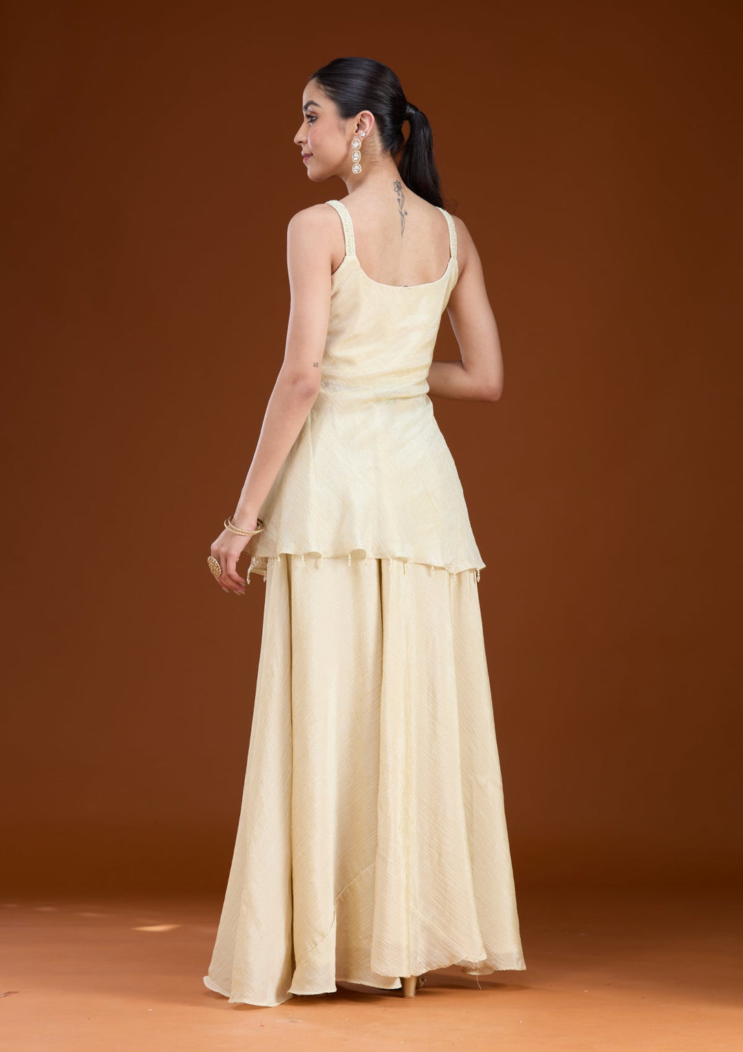 Cream Threadwork Tissue Readymade Salwar Suit