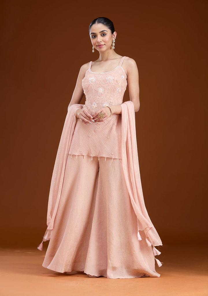 Peach Threadwork Tissue Readymade Salwar Suit