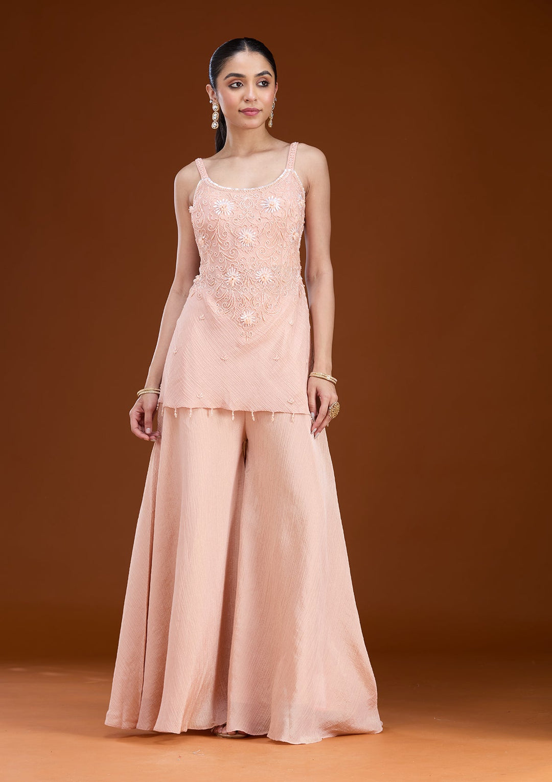 Peach Threadwork Tissue Readymade Salwar Suit