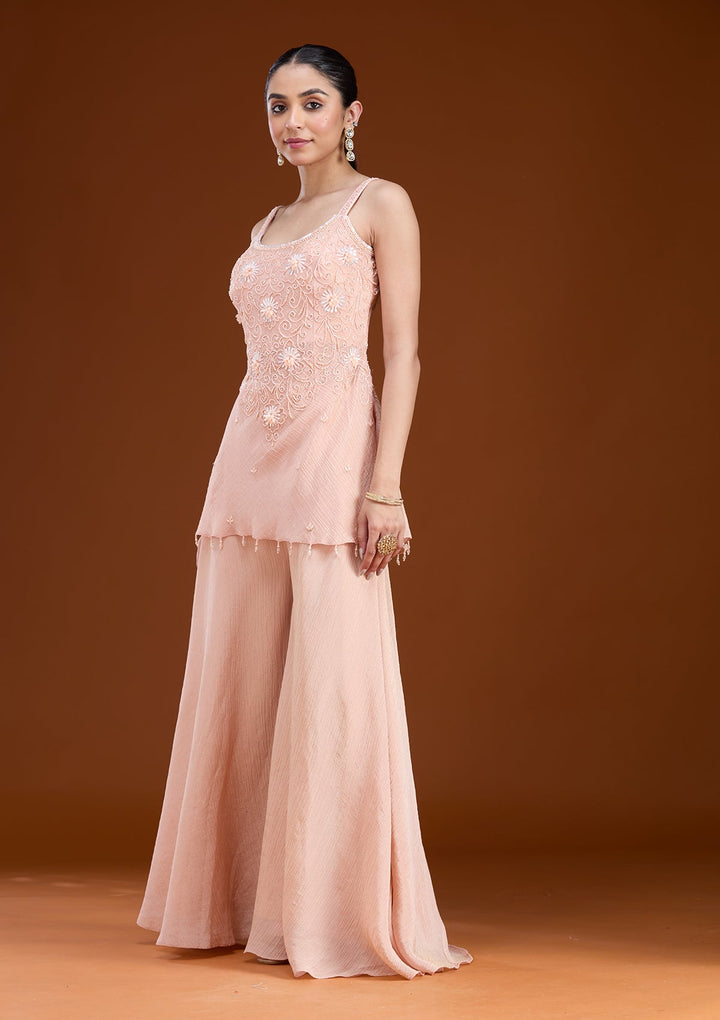 Peach Threadwork Tissue Readymade Salwar Suit