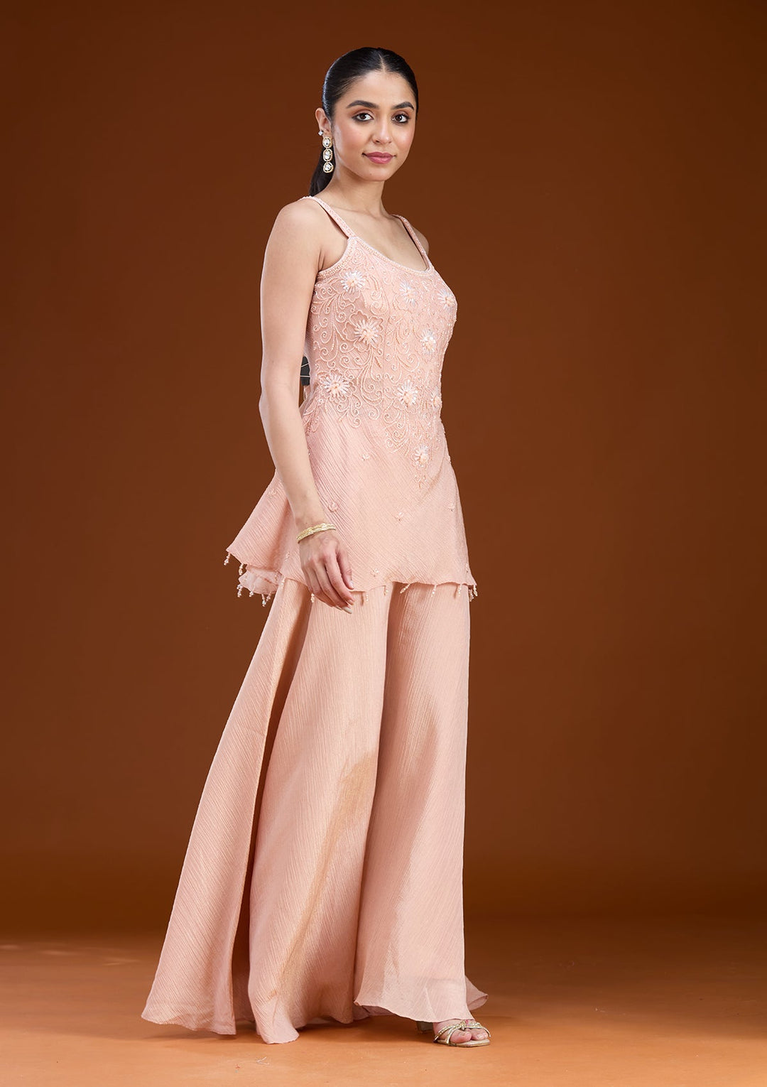 Peach Threadwork Tissue Readymade Salwar Suit