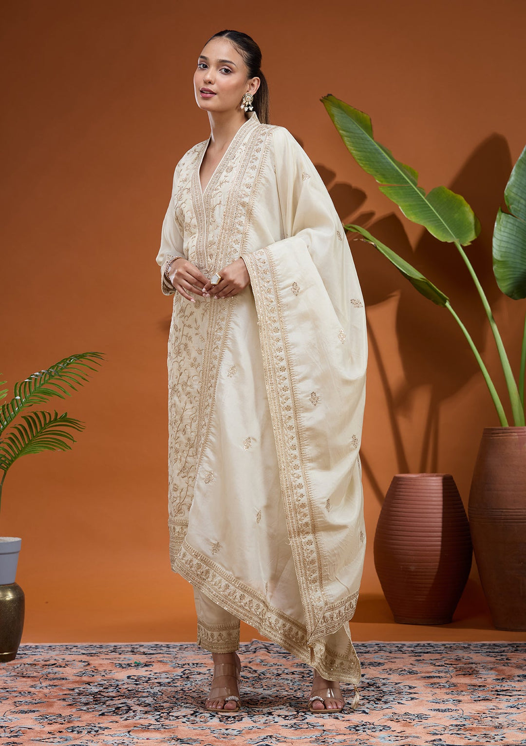 Cream Zariwork (Gold) Soft Raw Silk Readymade Salwar Suit