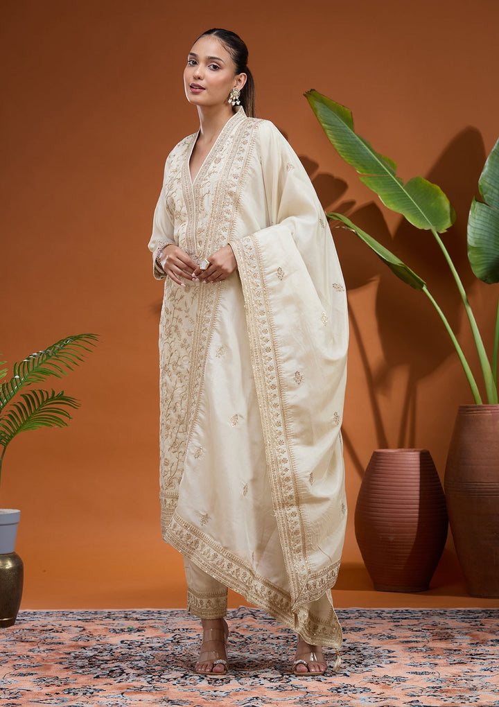 Cream Zariwork (Gold) Soft Raw Silk Readymade Salwar Suit