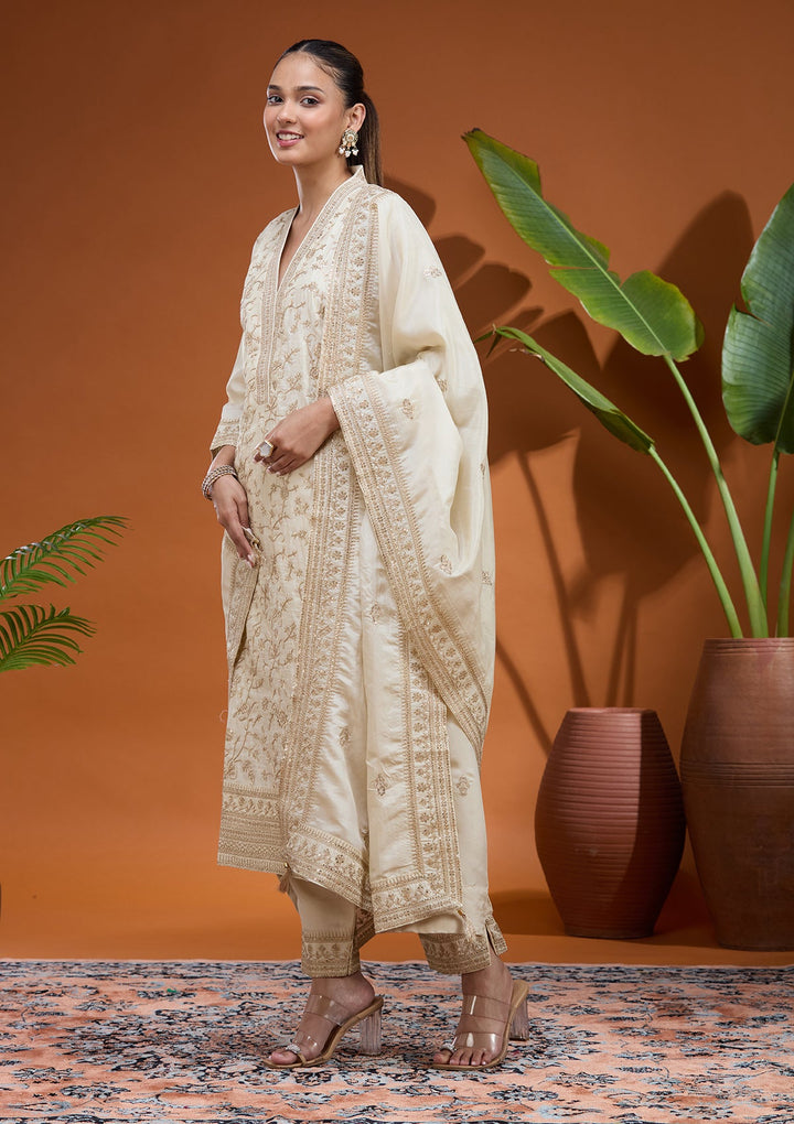 Cream Zariwork (Gold) Soft Raw Silk Readymade Salwar Suit
