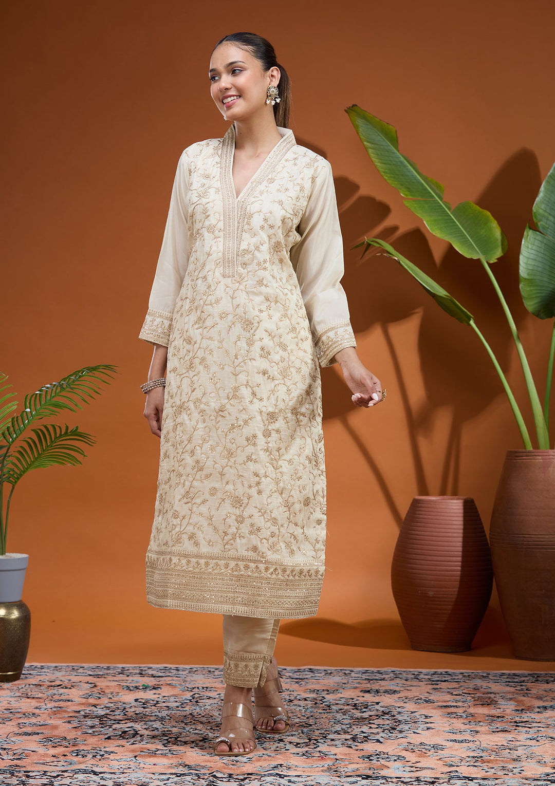 Cream Zariwork (Gold) Soft Raw Silk Readymade Salwar Suit