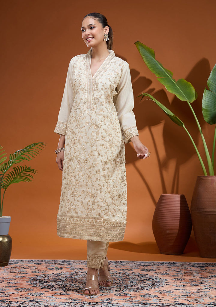 Cream Zariwork (Gold) Soft Raw Silk Readymade Salwar Suit
