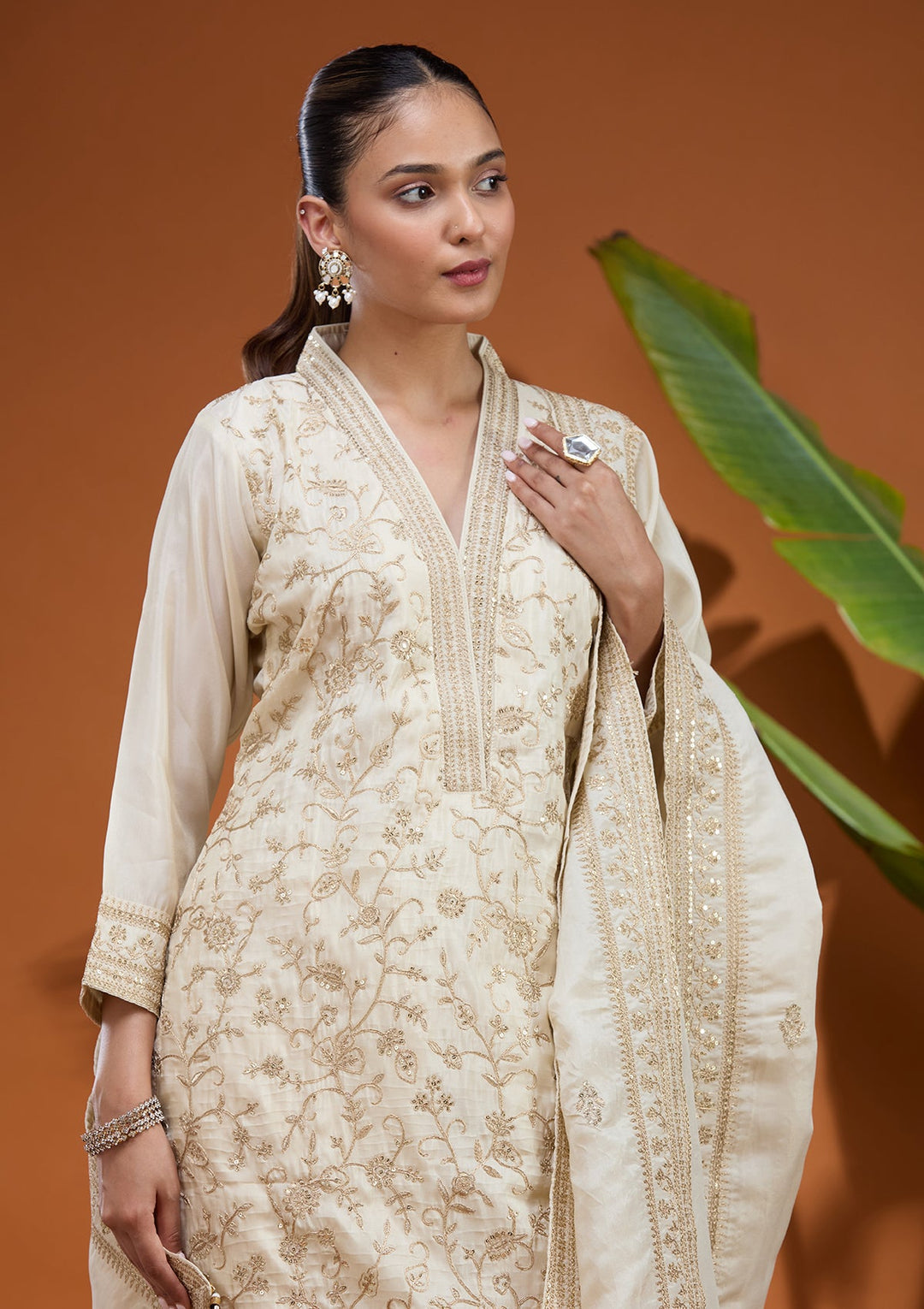 Cream Zariwork (Gold) Soft Raw Silk Readymade Salwar Suit