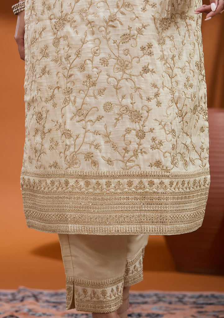 Cream Zariwork (Gold) Soft Raw Silk Readymade Salwar Suit