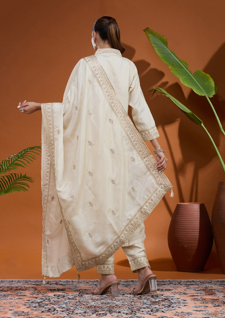 Cream Zariwork (Gold) Soft Raw Silk Readymade Salwar Suit