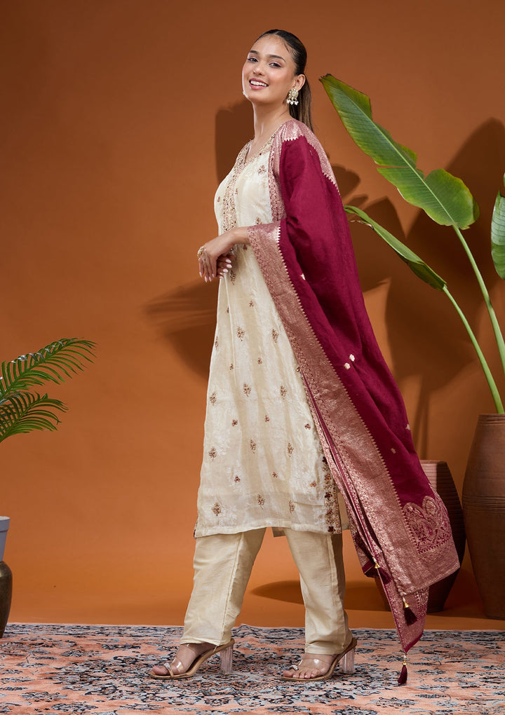 Cream Zariwork (Gold) Soft Raw Silk Readymade Salwar Suit