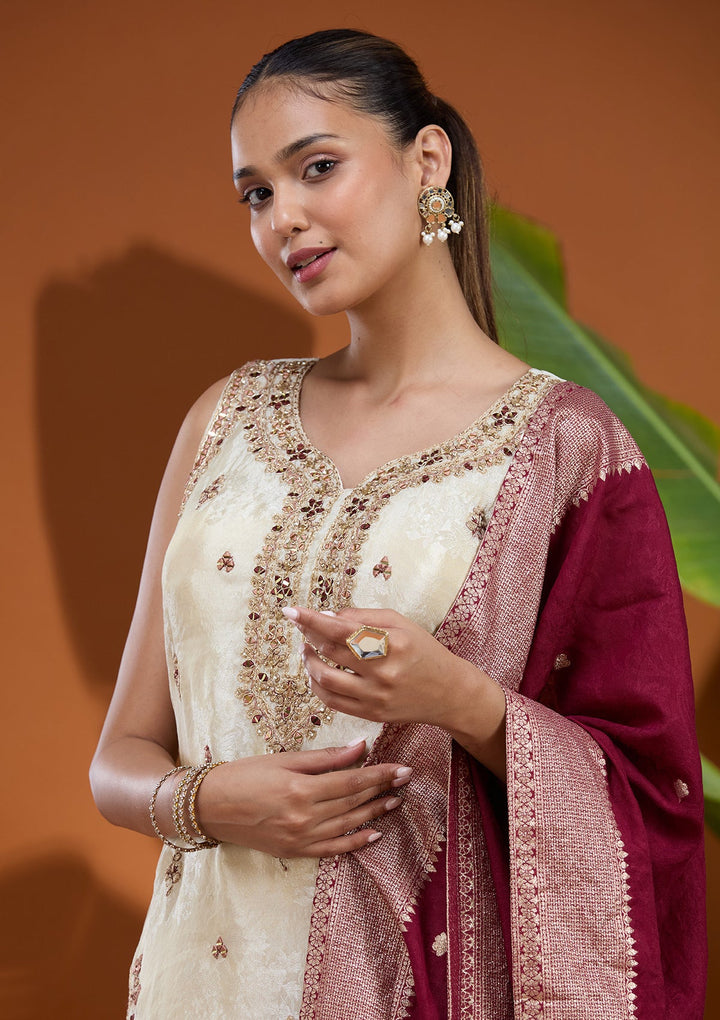 Cream Zariwork (Gold) Soft Raw Silk Readymade Salwar Suit