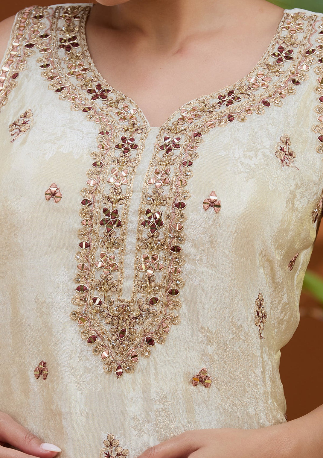 Cream Zariwork (Gold) Soft Raw Silk Readymade Salwar Suit