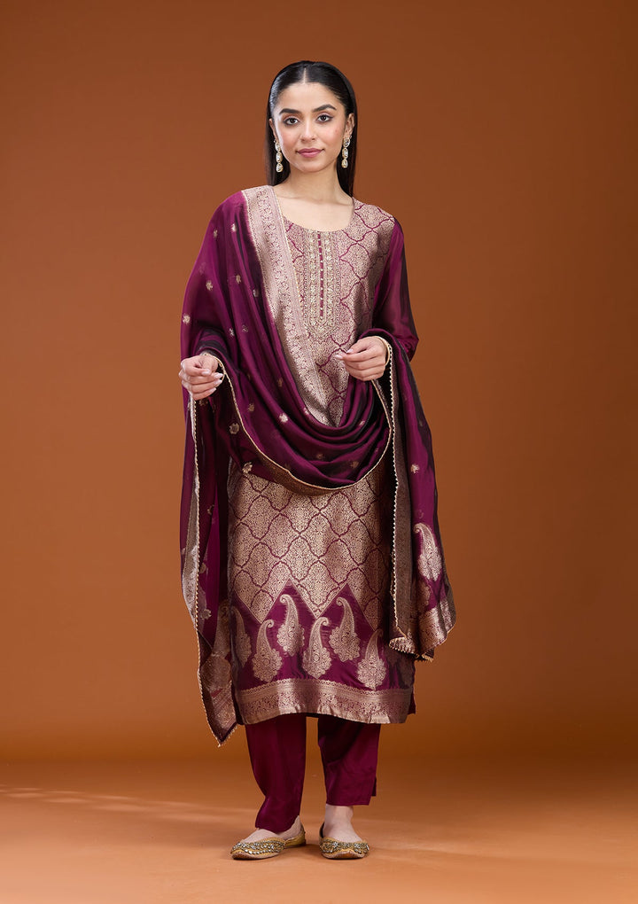 Wine Zariwork (Gold) Soft Raw Silk Readymade Salwar Suit