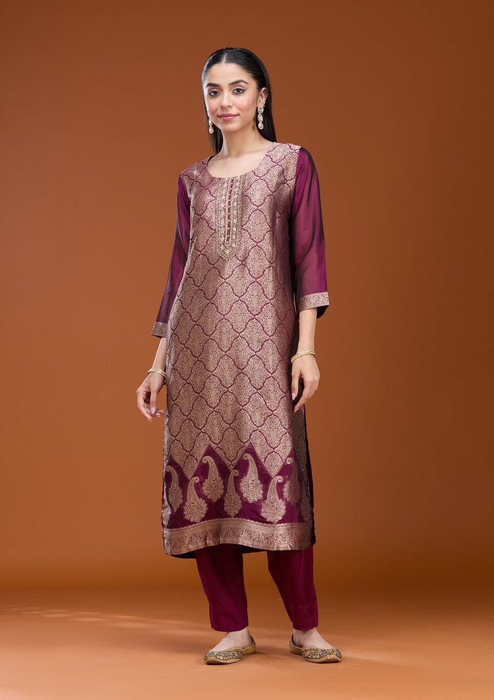 Wine Zariwork (Gold) Soft Raw Silk Readymade Salwar Suit