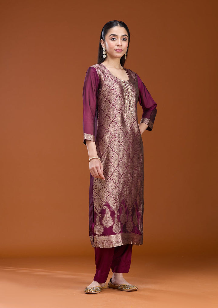 Wine Zariwork (Gold) Soft Raw Silk Readymade Salwar Suit