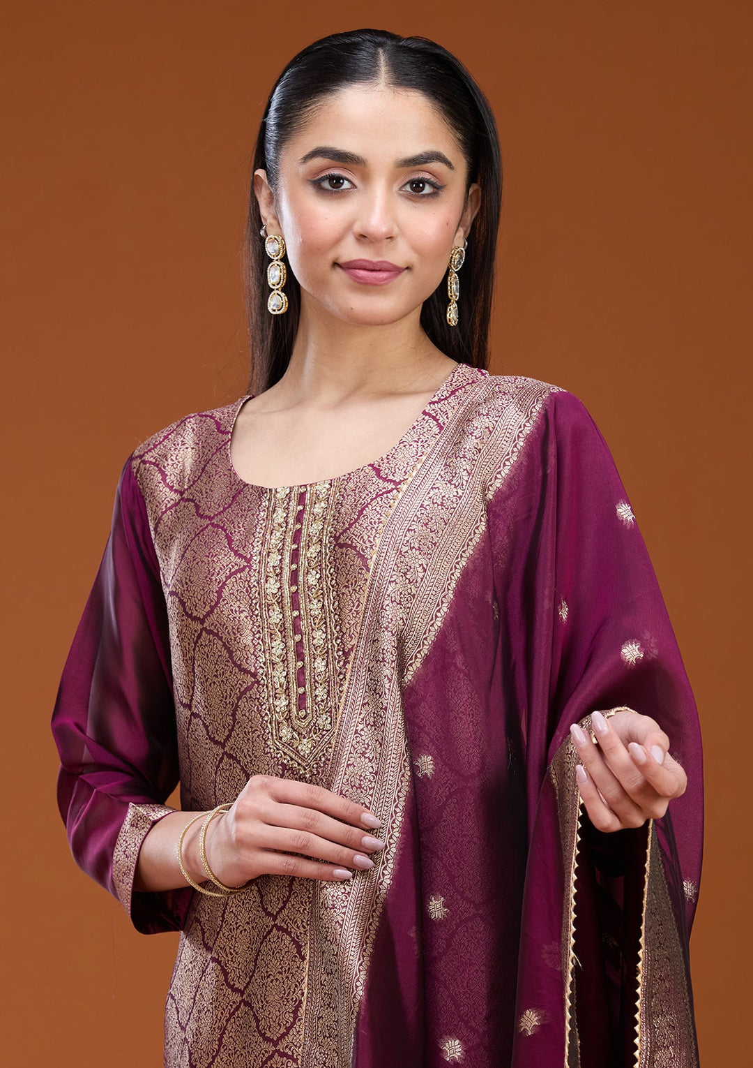 Wine Zariwork (Gold) Soft Raw Silk Readymade Salwar Suit