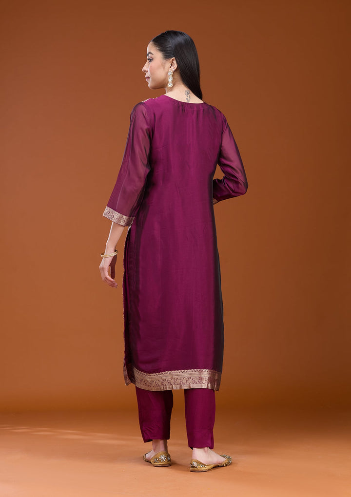 Wine Zariwork (Gold) Soft Raw Silk Readymade Salwar Suit
