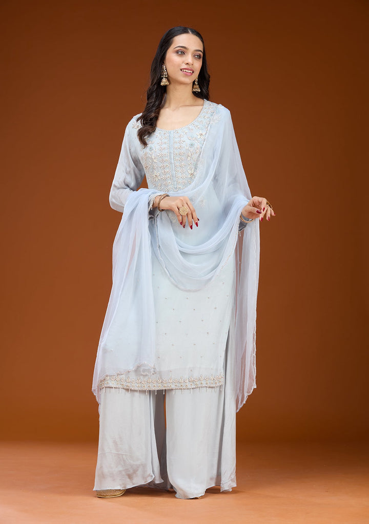 Sky Blue Threadwork Tissue Readymade Salwar Suit