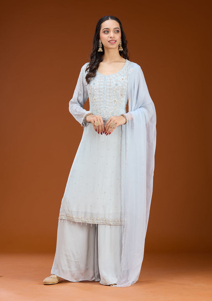 Sky Blue Threadwork Tissue Readymade Salwar Suit