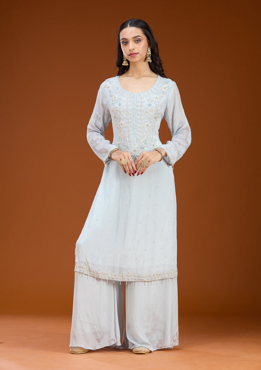 Sky Blue Threadwork Tissue Readymade Salwar Suit