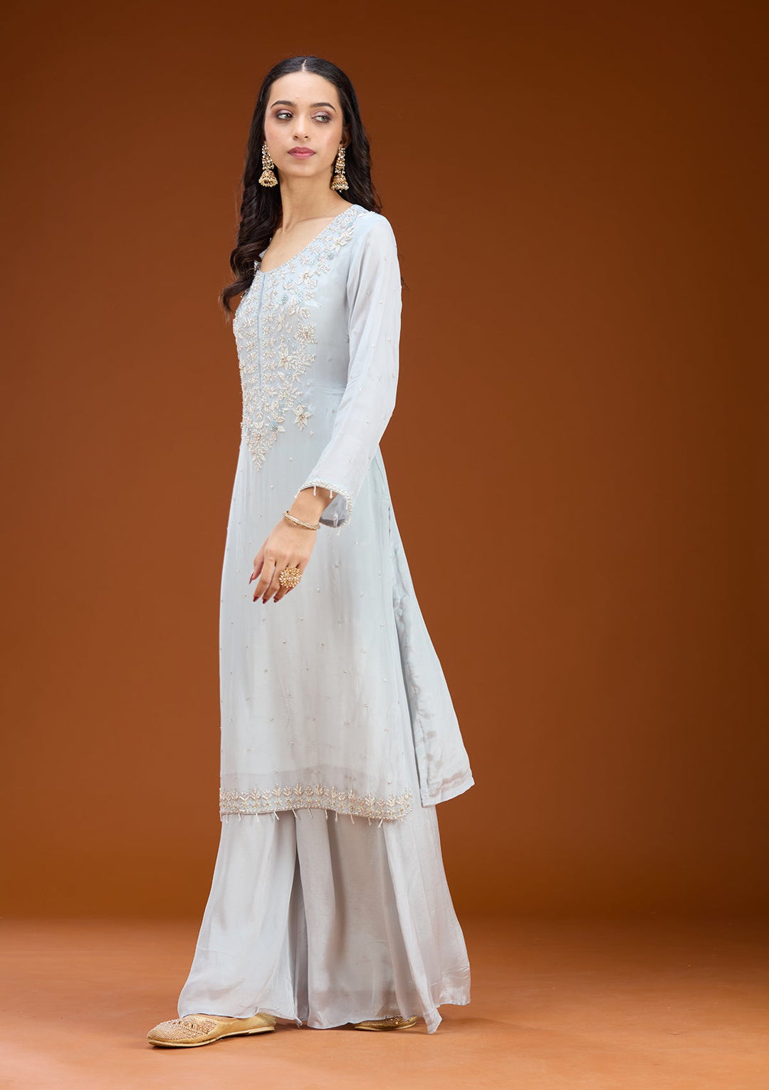 Sky Blue Threadwork Tissue Readymade Salwar Suit