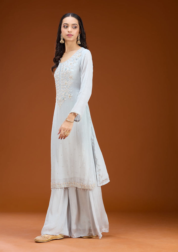 Sky Blue Threadwork Tissue Readymade Salwar Suit