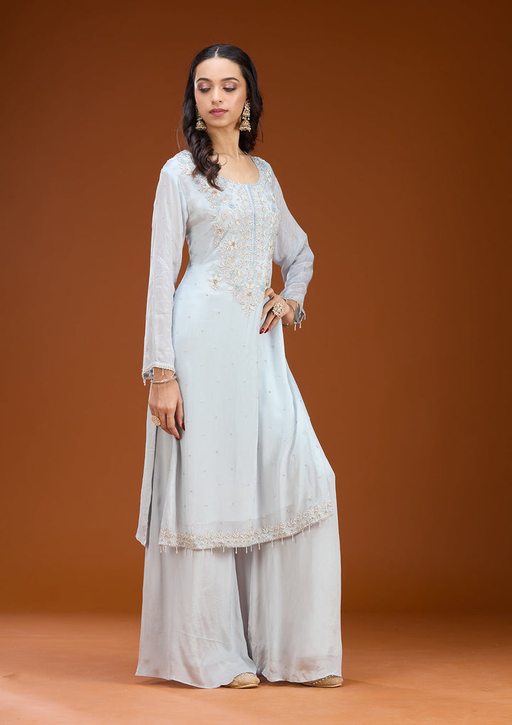 Sky Blue Threadwork Tissue Readymade Salwar Suit