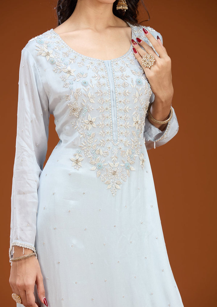 Sky Blue Threadwork Tissue Readymade Salwar Suit