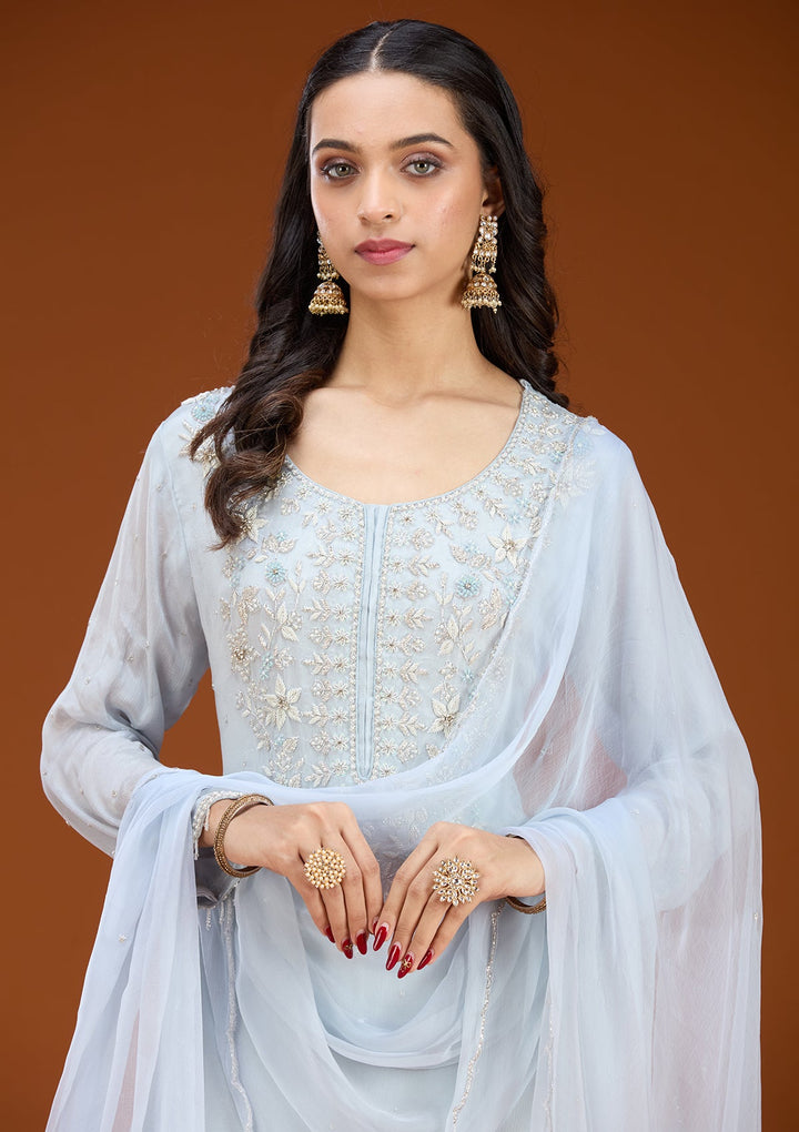 Sky Blue Threadwork Tissue Readymade Salwar Suit