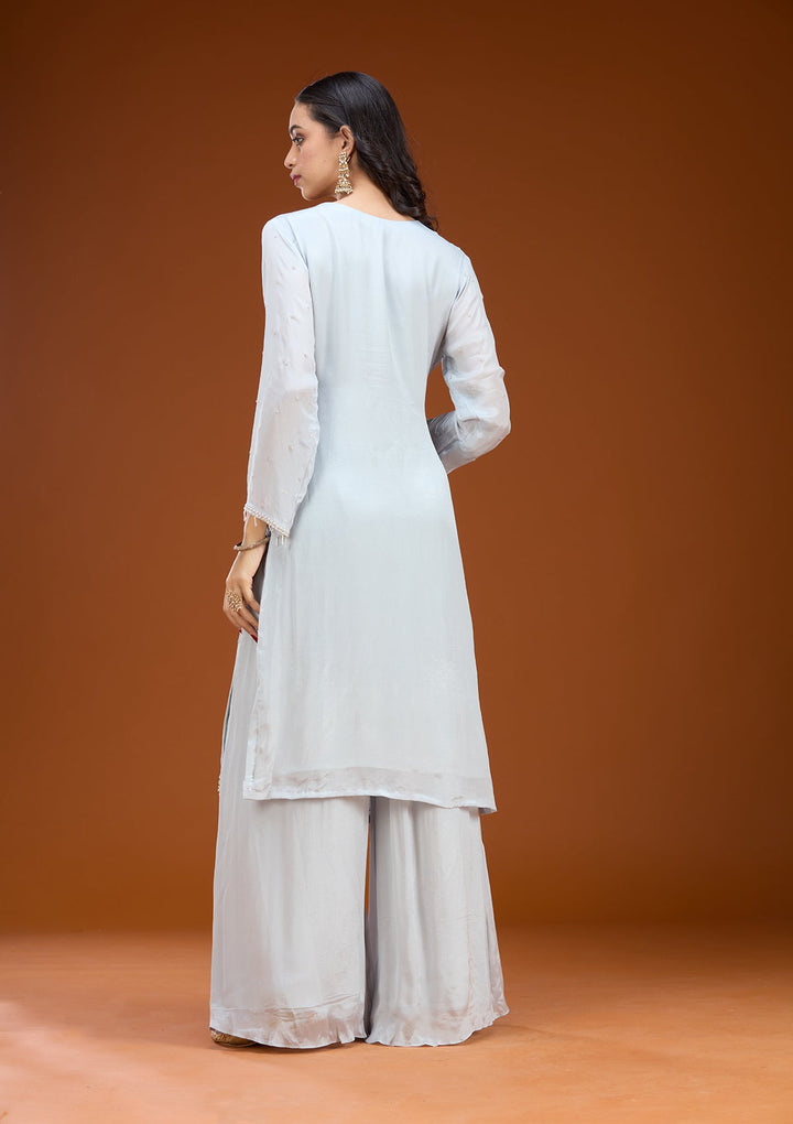 Sky Blue Threadwork Tissue Readymade Salwar Suit