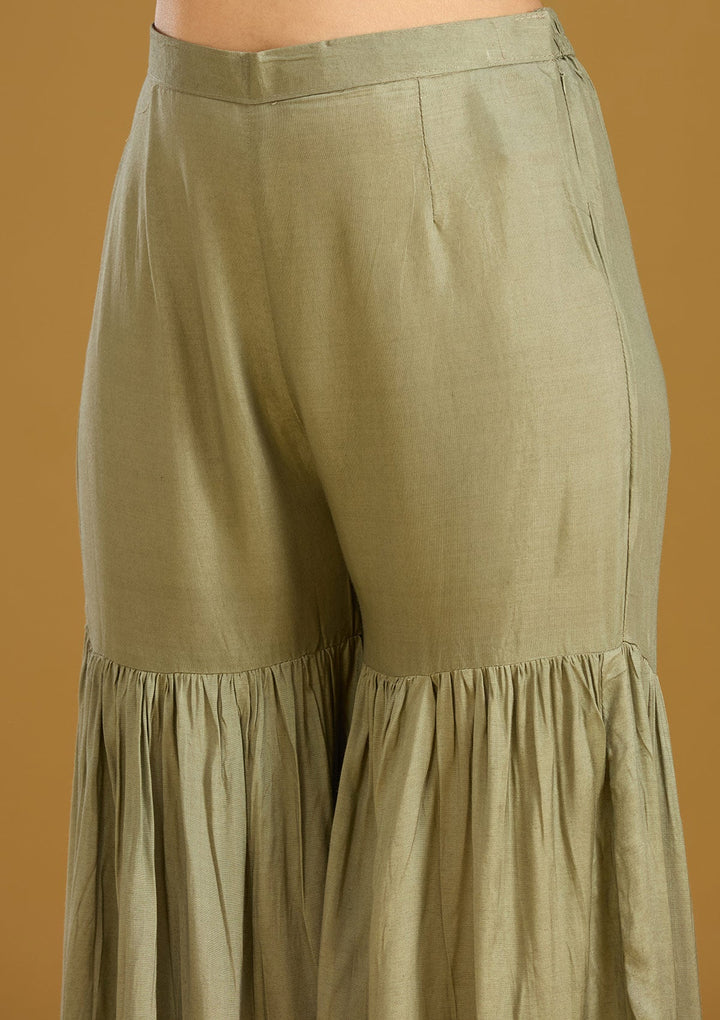 Sea Green Zariwork (Gold) Soft Raw Silk Readymade Salwar Suit