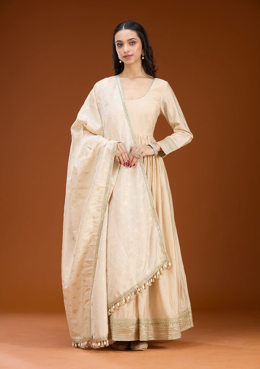 Cream Threadwork Tissue Readymade Salwar Suit