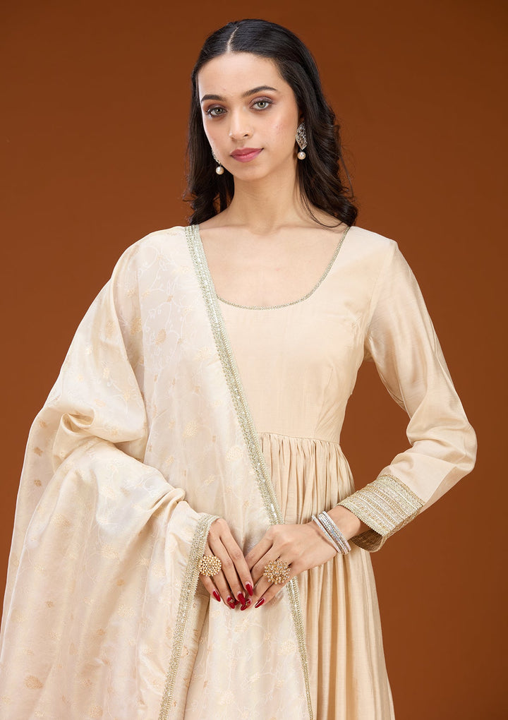 Cream Threadwork Tissue Readymade Salwar Suit