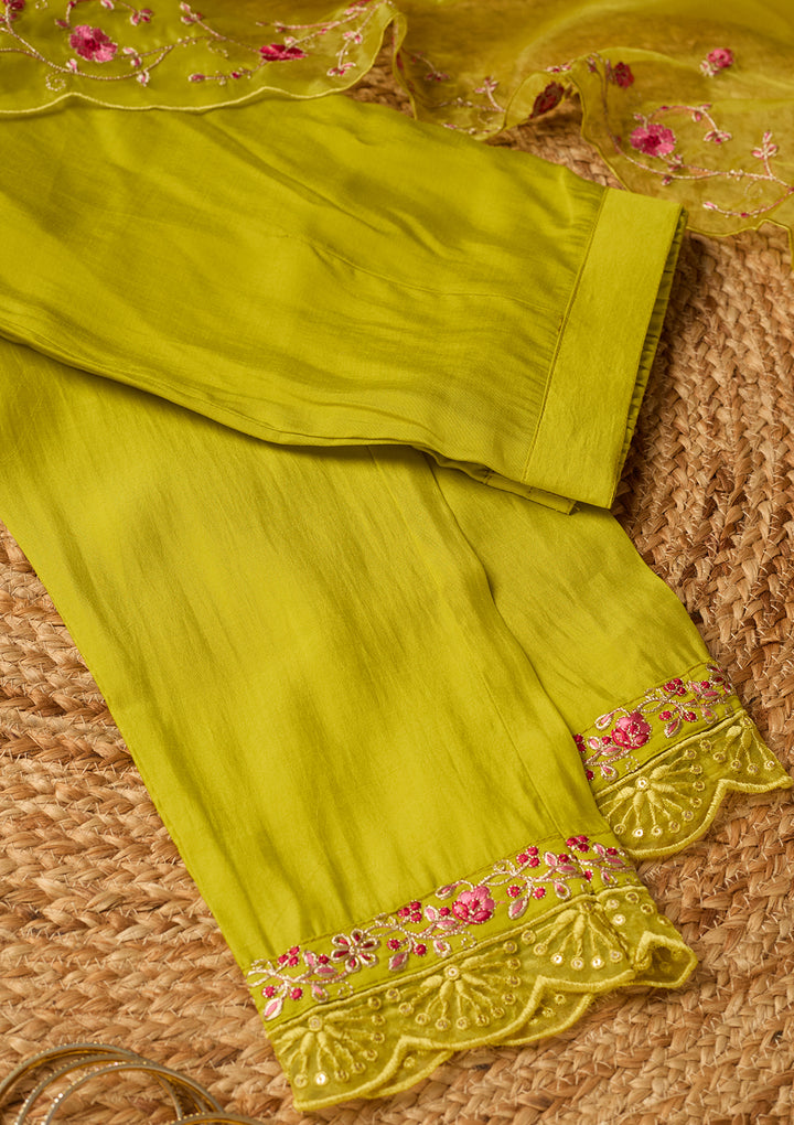 Lime Green Threadwork Chanderi Readymade Salwar Suit